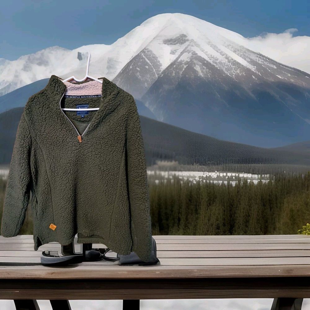 Simply Southern Dark Green Sherpa Fuzzy Quarter Zip Pullover Sweater Women's Med